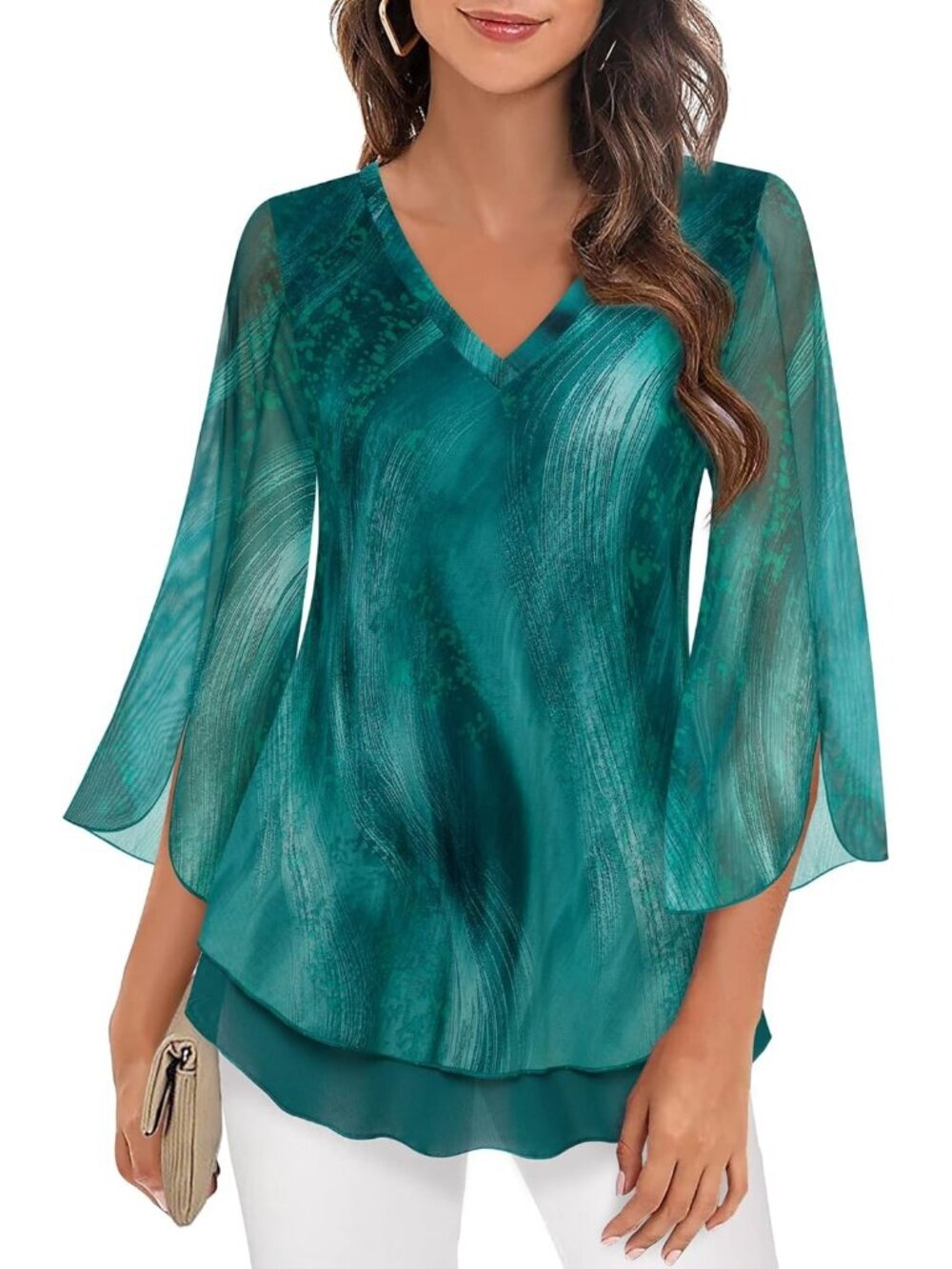 Women's Tops Green 3/4 Sleeves Floral Shirts Double Layers V Neck Blouses